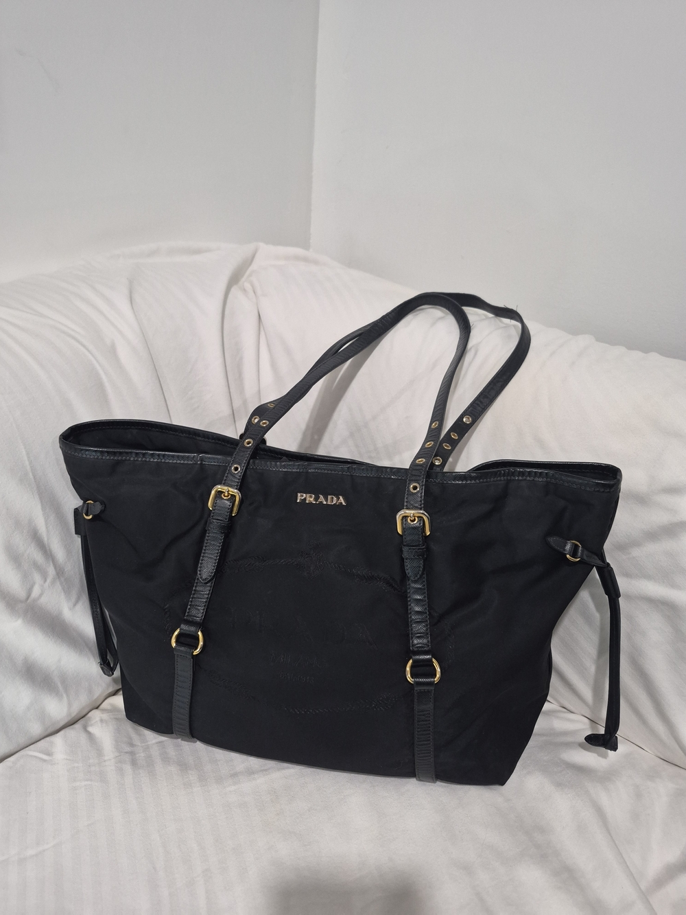 PRADA Black Nylon Tote Bag with Leather Trim